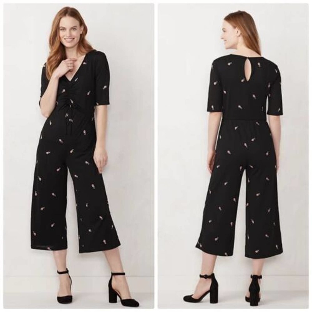 LC Lauren Conrad Black Jumpsuit Floral Crop Wide Leg Lined Ruching